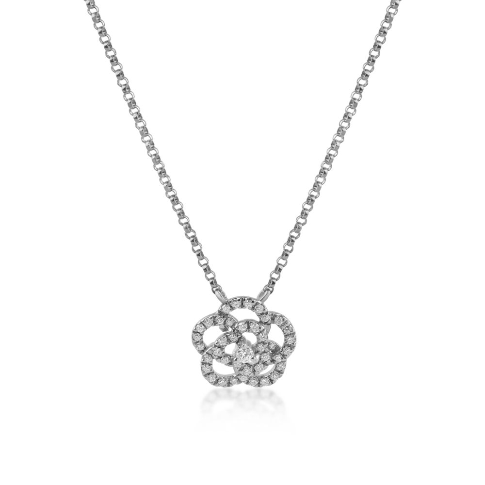 Lant cu pandantiv floare din aur alb cu diamante de 0.19ct