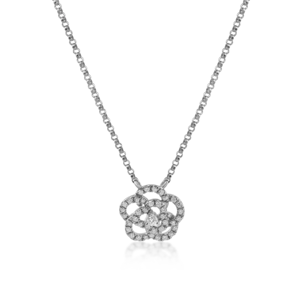 Lant cu pandantiv floare din aur alb cu diamante de 0.19ct