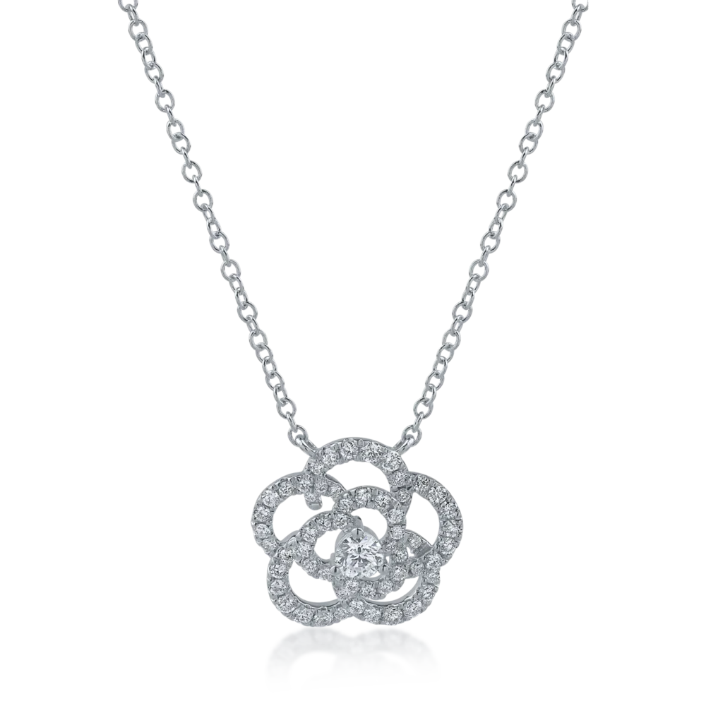 Lant cu pandantiv floare din aur alb cu diamante de 0.54ct