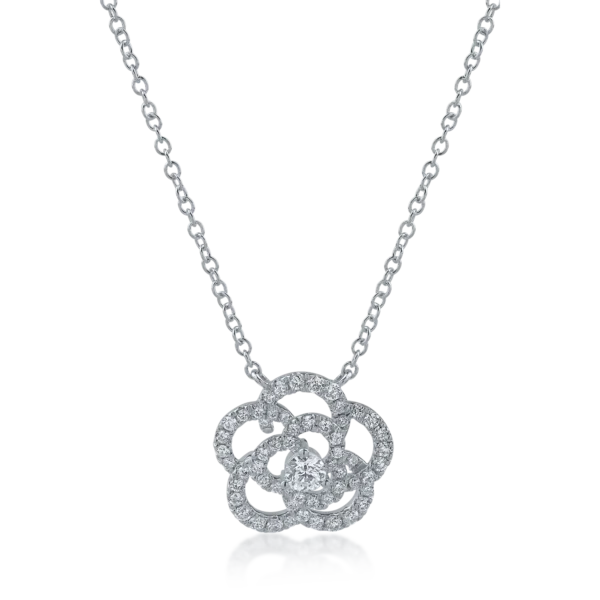 Lant cu pandantiv floare din aur alb cu diamante de 0.54ct