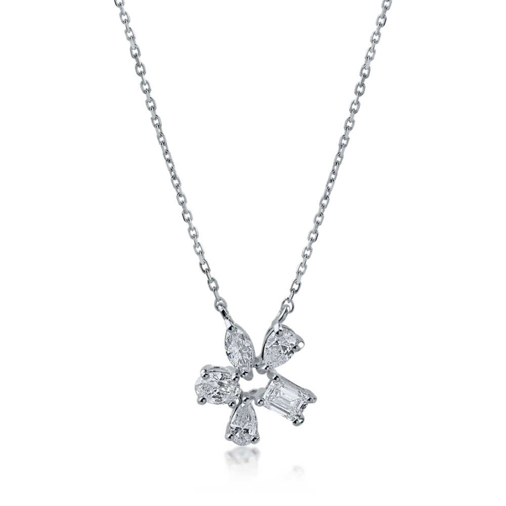 Lant cu pandantiv floare din aur alb cu diamante de 0.61ct