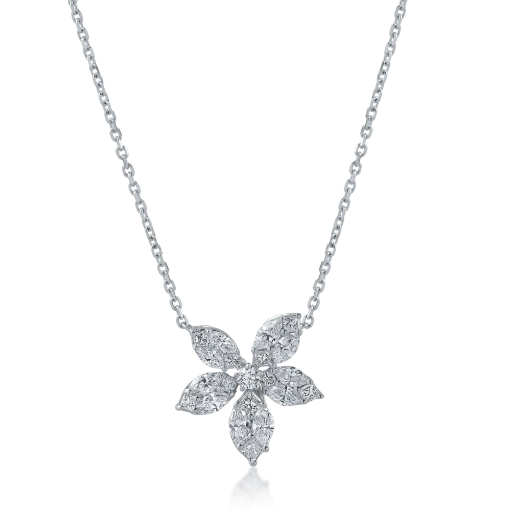Lant cu pandantiv floare din aur alb cu diamante princess, marquise si rotunde de 0.86ct