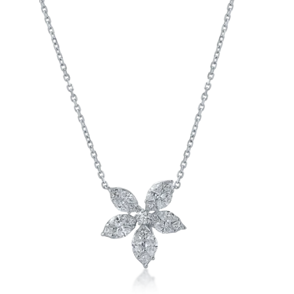 Lant cu pandantiv floare din aur alb cu diamante princess, marquise si rotunde de 0.86ct