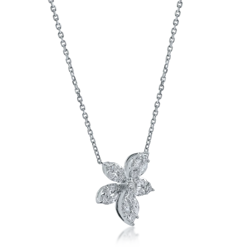Lant cu pandantiv floare din aur alb cu diamante princess, marquise si rotunde de 0.86ct - imagine 2