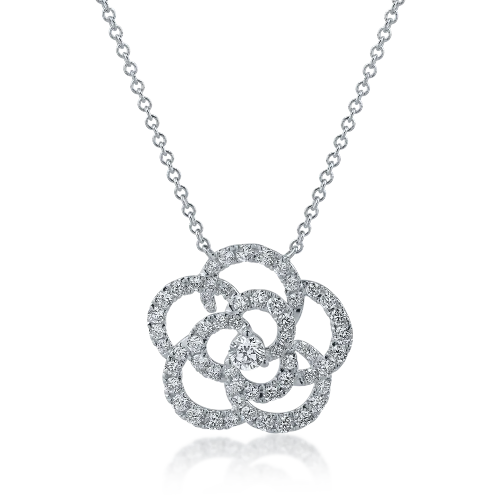 Lant cu pandantiv floare din aur alb cu diamante de 0.88ct