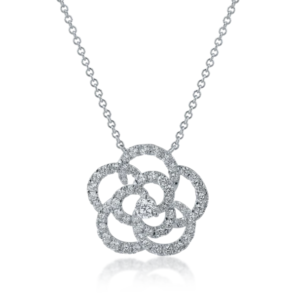 Lant cu pandantiv floare din aur alb cu diamante de 0.91ct