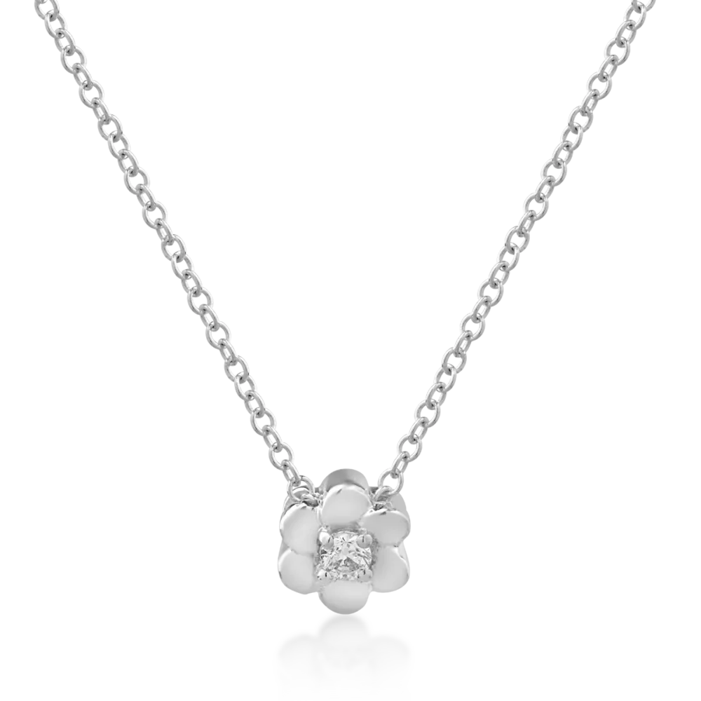 Lant cu pandantiv floare din aur alb cu diamant de 0.042ct