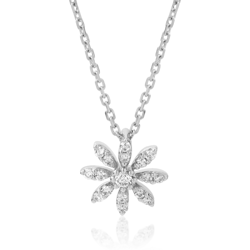 Lant cu pandantiv floare din aur alb cu diamant de 0.01ct si diamante de 0.06ct