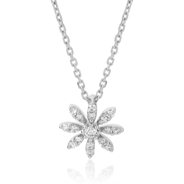Lant cu pandantiv floare din aur alb cu diamant de 0.01ct si diamante de 0.06ct