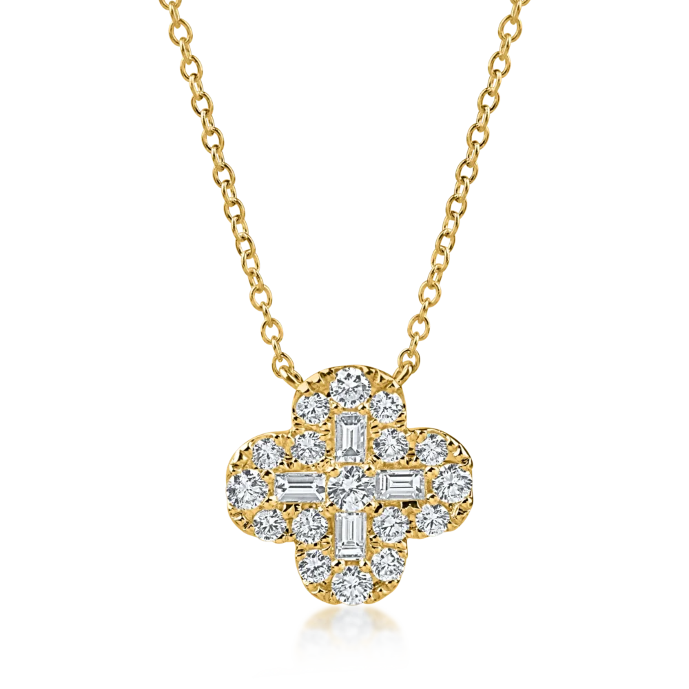 Lant cu pandantiv floare din aur galben cu diamante baguette si rotunde de 0.93ct
