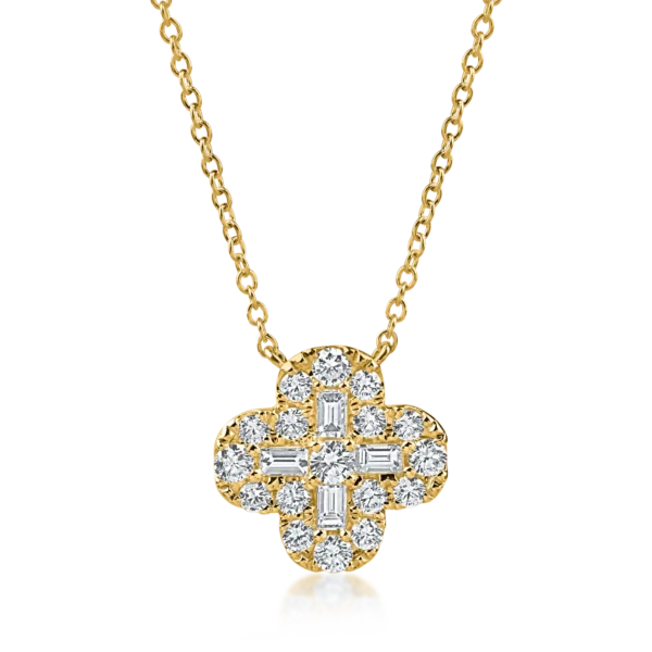 Lant cu pandantiv floare din aur galben cu diamante baguette si rotunde de 0.93ct