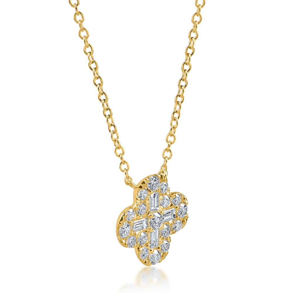 Lant cu pandantiv floare din aur galben cu diamante baguette si rotunde de 0.93ct - imagine 2