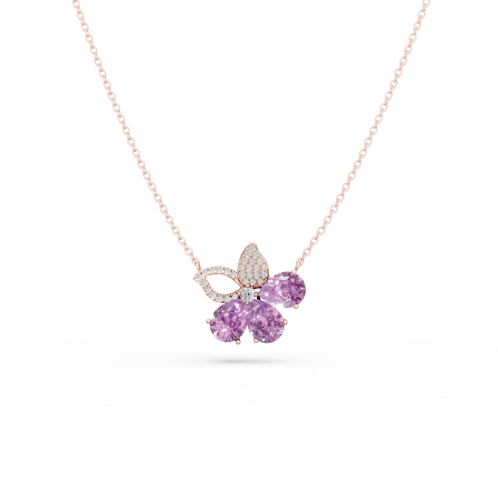 Lant cu pandantiv floare din aur roz cu ametiste pear de 3.4ct si diamante de 0.2ct