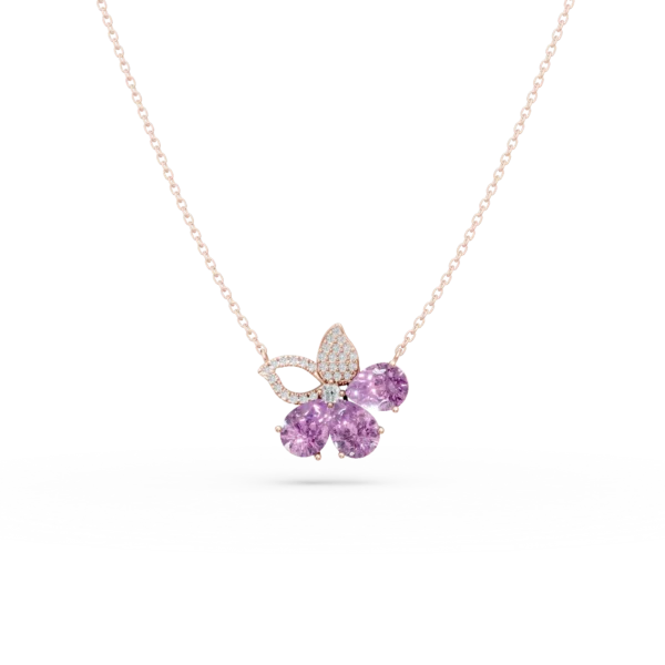 Lant cu pandantiv floare din aur roz cu ametiste pear de 3.4ct si diamante de 0.2ct