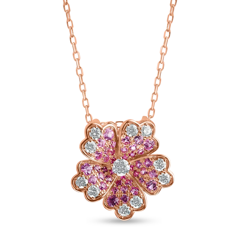 Lant cu pandantiv floare din aur roz cu diamante de 0.4ct si safire roz de 0.6ct