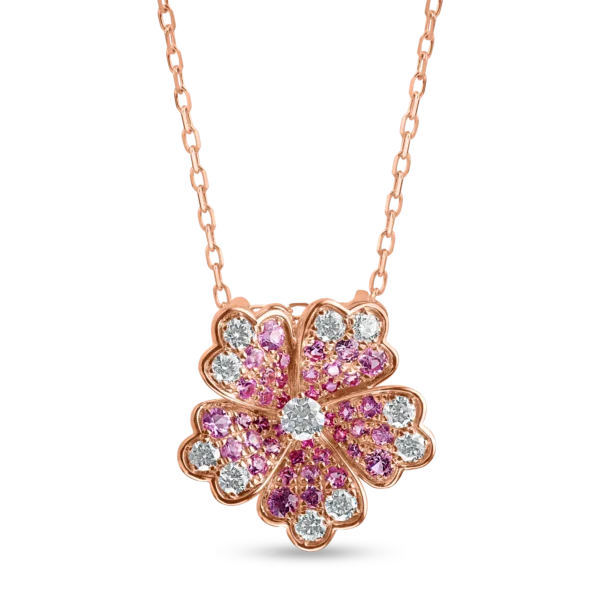 Lant cu pandantiv floare din aur roz cu diamante de 0.4ct si safire roz de 0.6ct