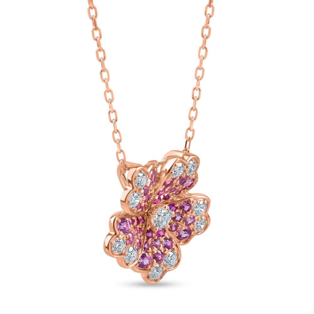 Lant cu pandantiv floare din aur roz cu diamante de 0.4ct si safire roz de 0.6ct - imagine 2
