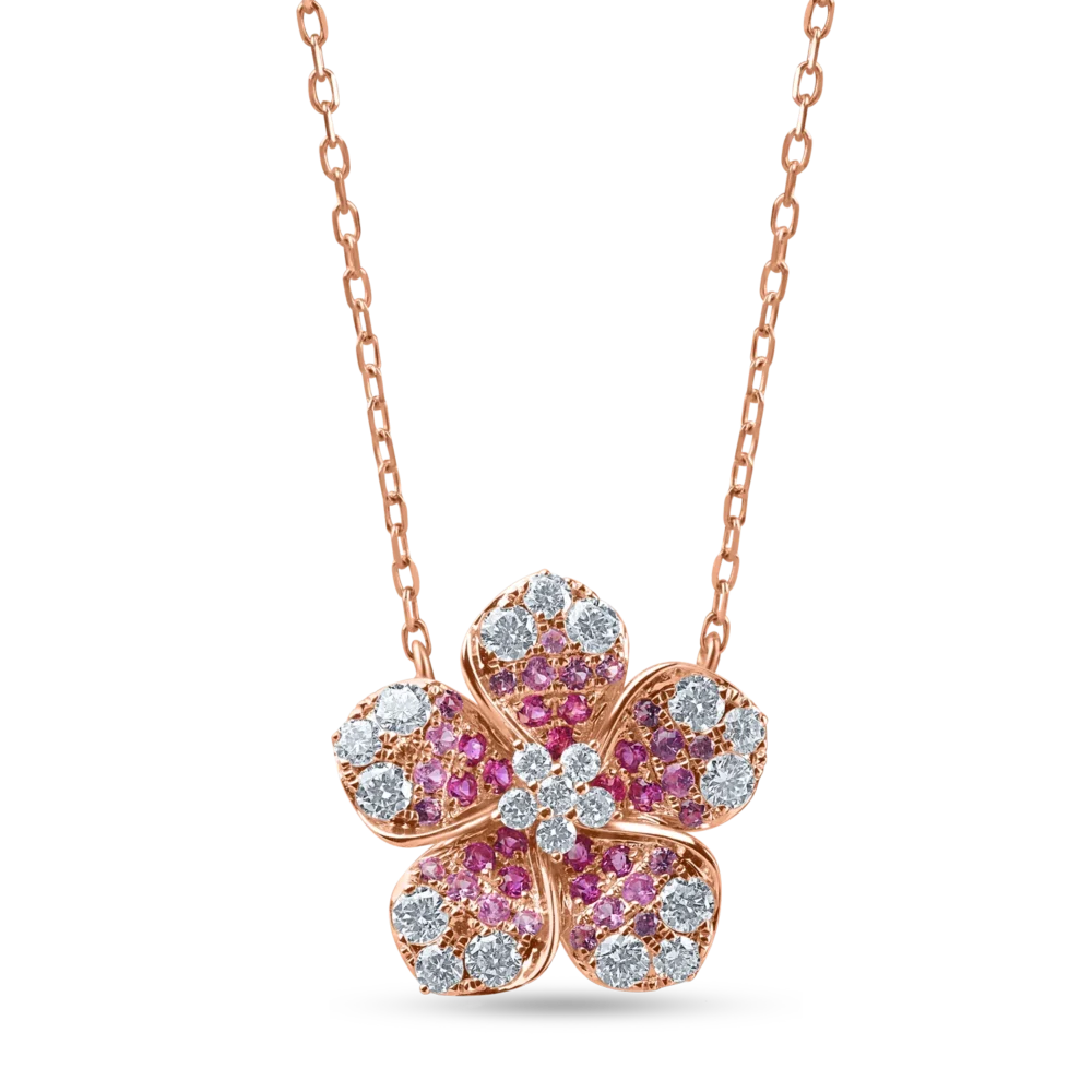 Lant cu pandantiv floare din aur roz cu diamante de 0.6ct si safire roz de 0.4ct