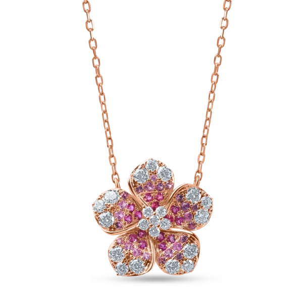 Lant cu pandantiv floare din aur roz cu diamante de 0.6ct si safire roz de 0.4ct