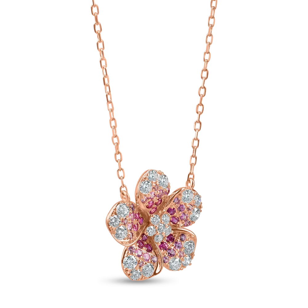 Lant cu pandantiv floare din aur roz cu diamante de 0.6ct si safire roz de 0.4ct - imagine 2