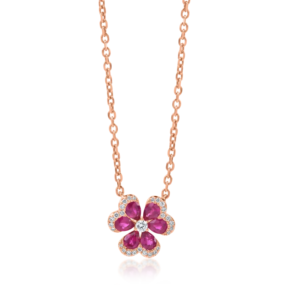 Lant cu pandantiv floare din aur roz cu rubine pear de 1ct si diamante de 0.16ct