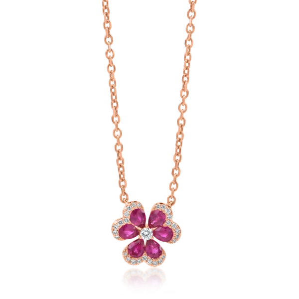 Lant cu pandantiv floare din aur roz cu rubine pear de 1ct si diamante de 0.16ct