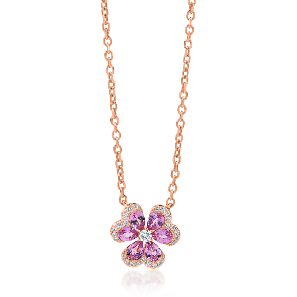 Lant cu pandantiv floare din aur roz cu safire roz pear de 1ct si diamante de 0.1ct