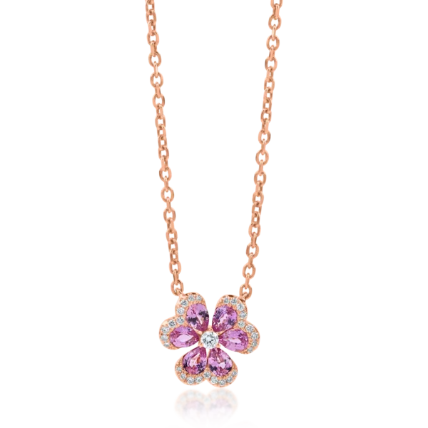 Lant cu pandantiv floare din aur roz cu safire roz pear de 1ct si diamante de 0.1ct