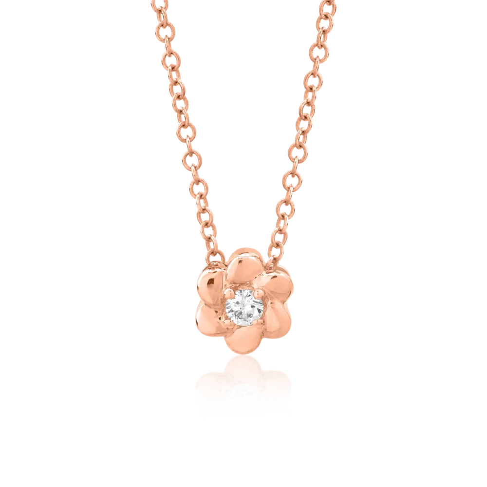 Lant cu pandantiv floare din aur roz cu diamant de 0.042ct