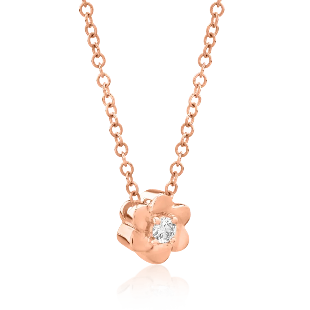 Lant cu pandantiv floare din aur roz cu diamant de 0.042ct - imagine 2