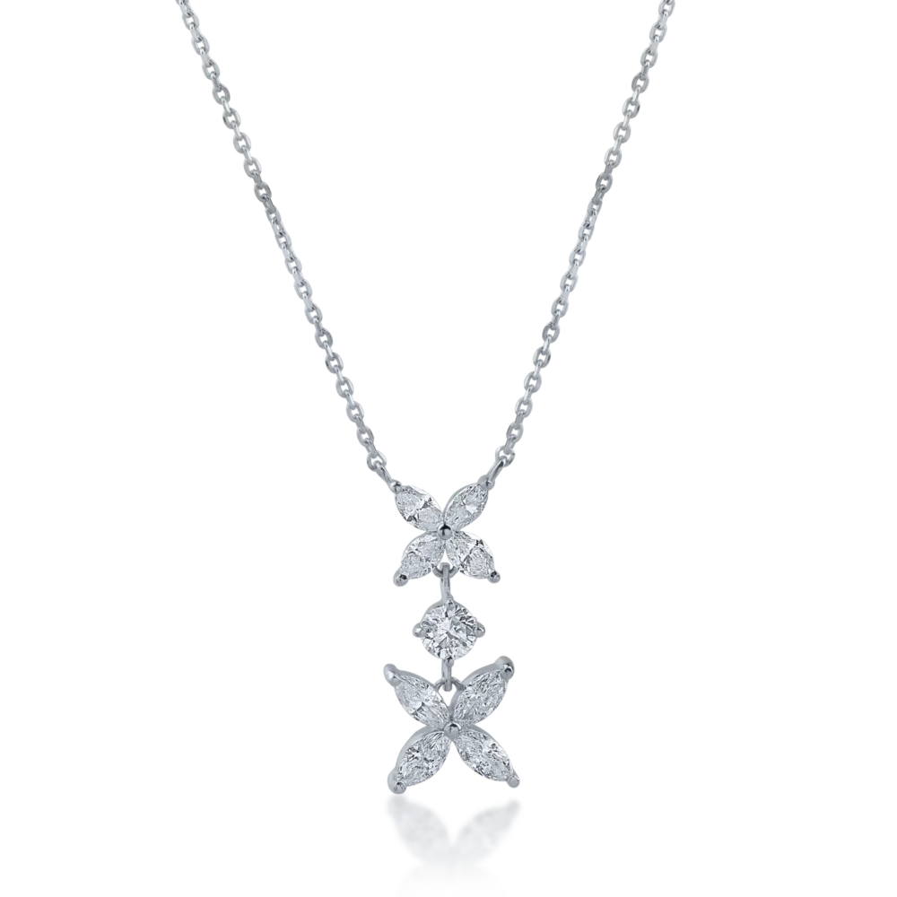 Lant cu pandantiv floral din aur alb cu diamante marquise si rotunde de 0.6ct