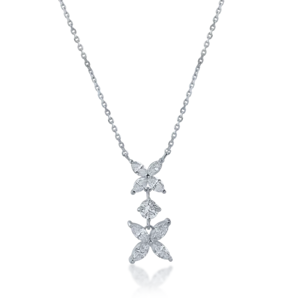 Lant cu pandantiv floral din aur alb cu diamante marquise si rotunde de 0.6ct