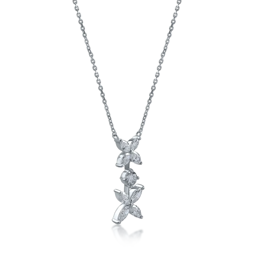 Lant cu pandantiv floral din aur alb cu diamante marquise si rotunde de 0.6ct - imagine 2