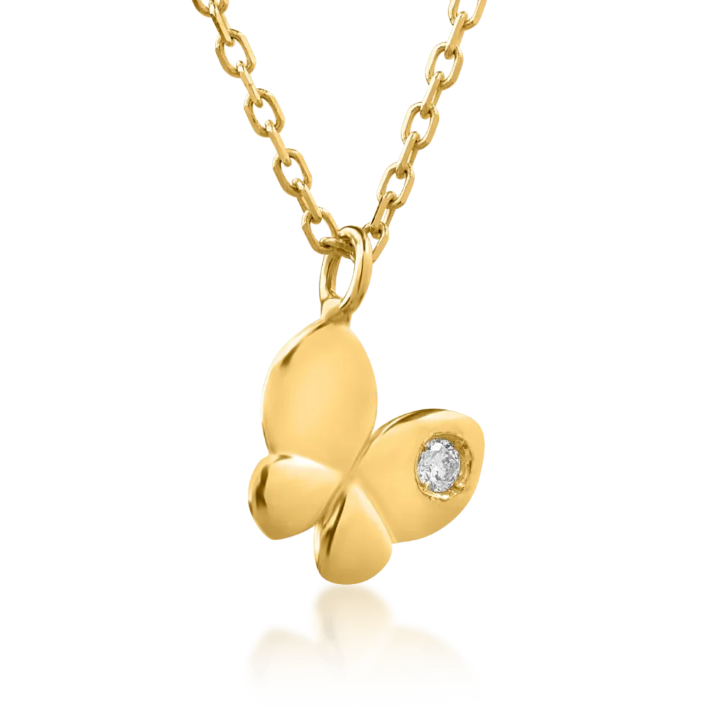 Lant cu pandantiv fluturas din aur galben cu diamant de 0.02ct - imagine 2