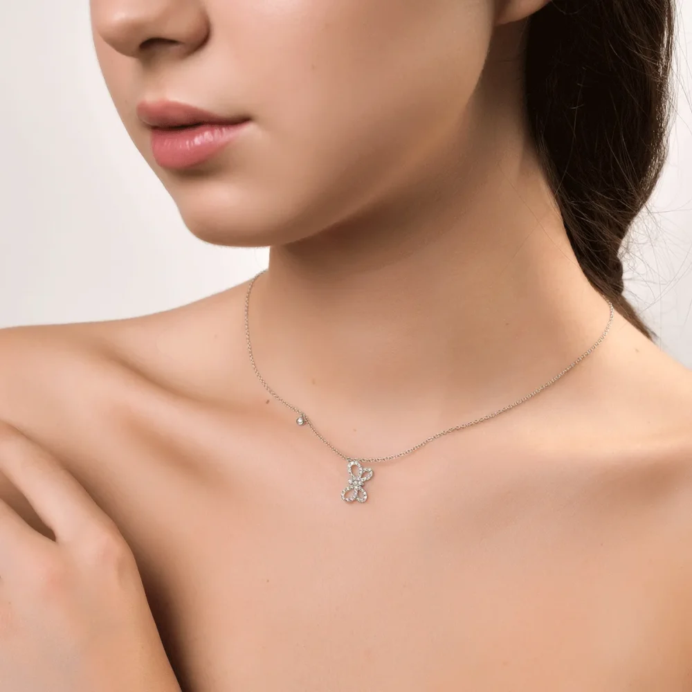 Lant cu pandantiv fluture din aur alb cu diamante de 0.25ct - imagine 4