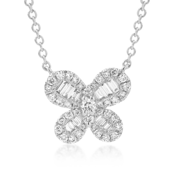 Lant cu pandantiv fluture din aur alb cu diamante de 0.45ct