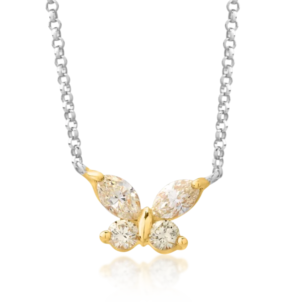 Lant cu pandantiv fluture din aur alb-galben cu diamante galbene de 0.58ct