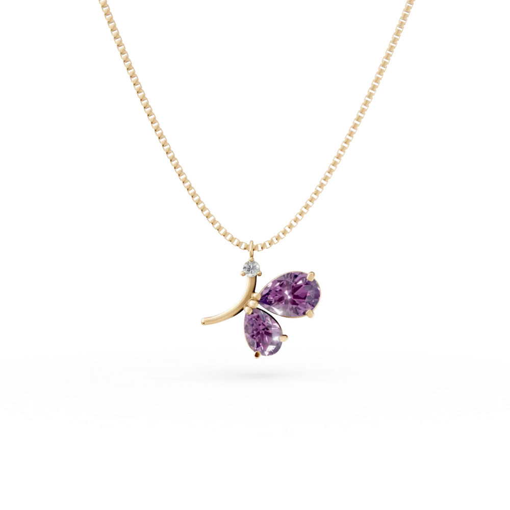 Lant cu pandantiv fluture din aur galben cu ametiste de 0.85ct si zirconia