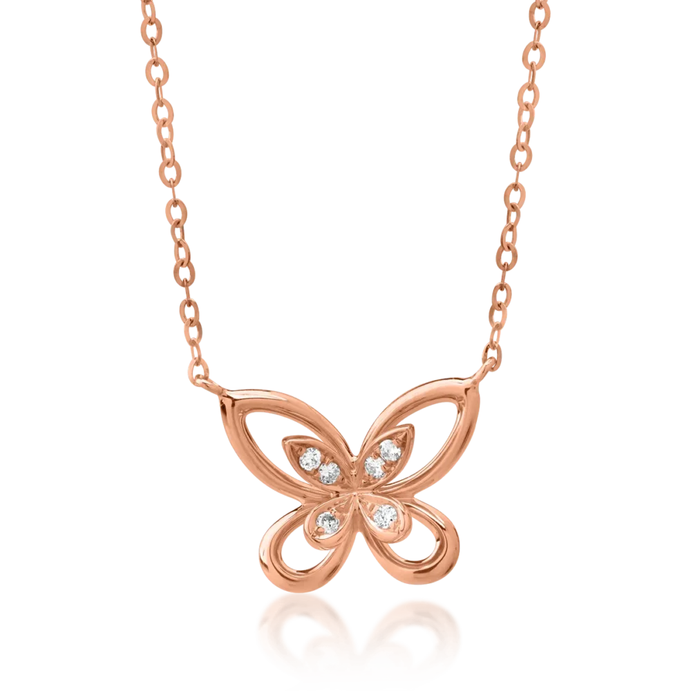 Lant cu pandantiv fluture din aur roz cu diamante de 0.027ct
