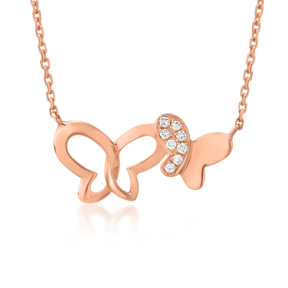 Lant cu pandantiv fluturi din aur roz cu diamante de 0.021ct