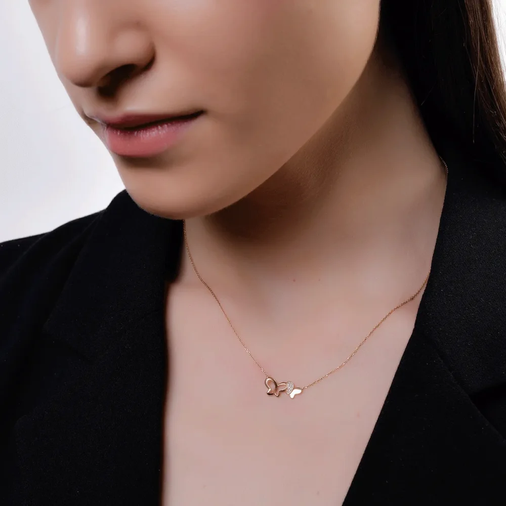 Lant cu pandantiv fluturi din aur roz cu diamante de 0.021ct - imagine 4