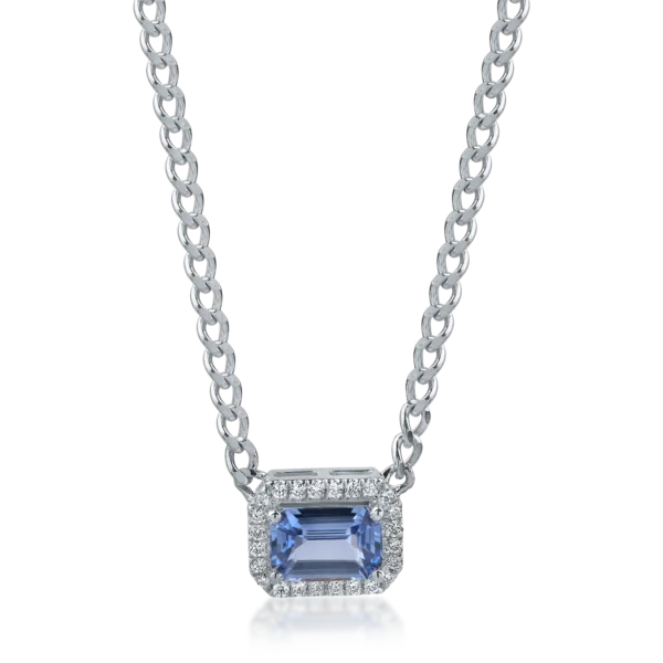 Lant cu pandantiv geometric din aur alb cu safir albastru-deschis square de 0.6ct si diamante de 0.06ct