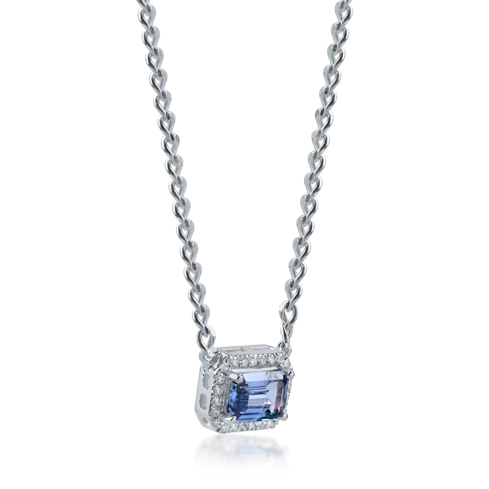 Lant cu pandantiv geometric din aur alb cu safir albastru-deschis square de 0.6ct si diamante de 0.06ct - imagine 2
