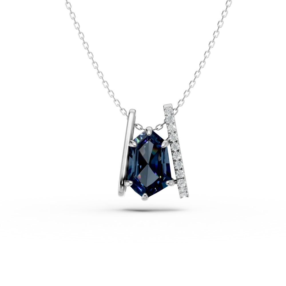Lant cu pandantiv geometric din aur alb cu topaz london blue de 2.2ct si diamante de 0.1ct