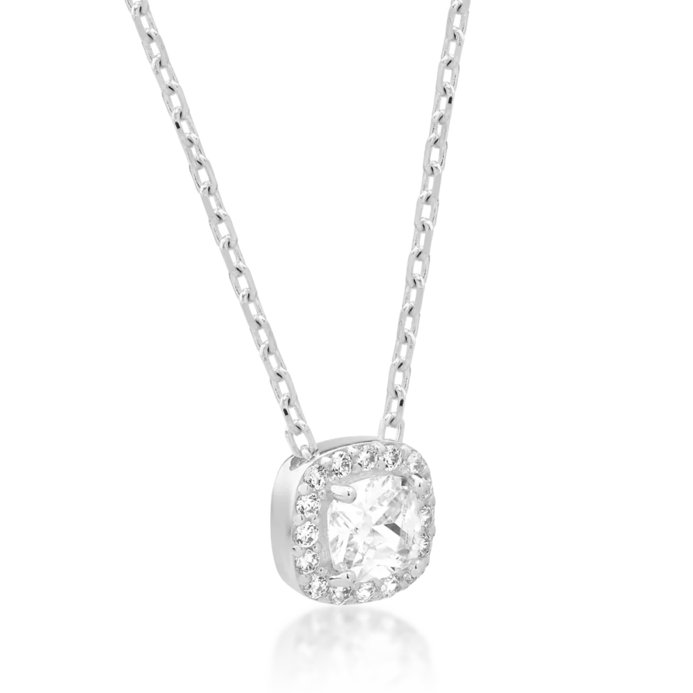 Lant cu pandantiv geometric din aur alb cu zirconii - imagine 2