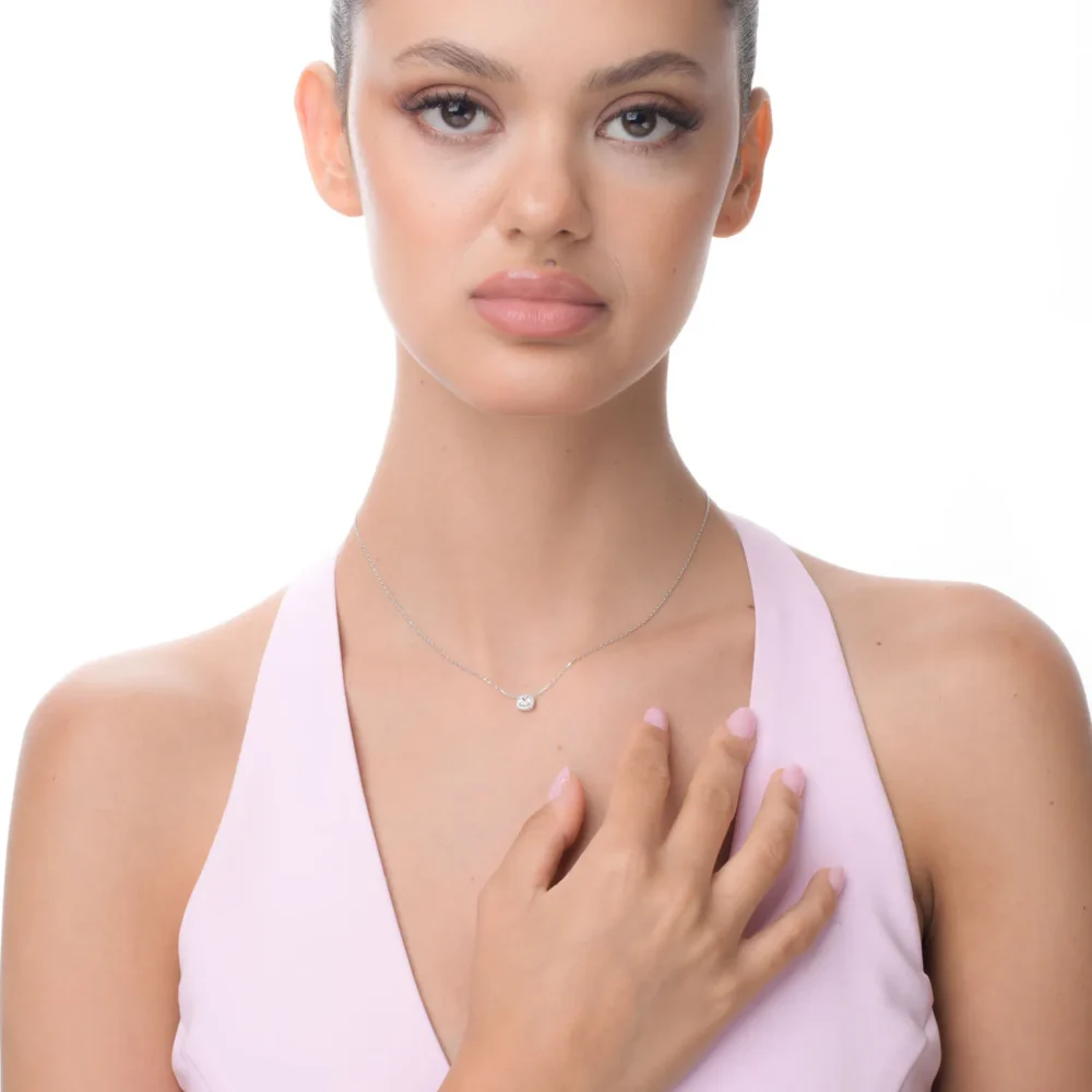 Lant cu pandantiv geometric din aur alb cu zirconii - imagine 4