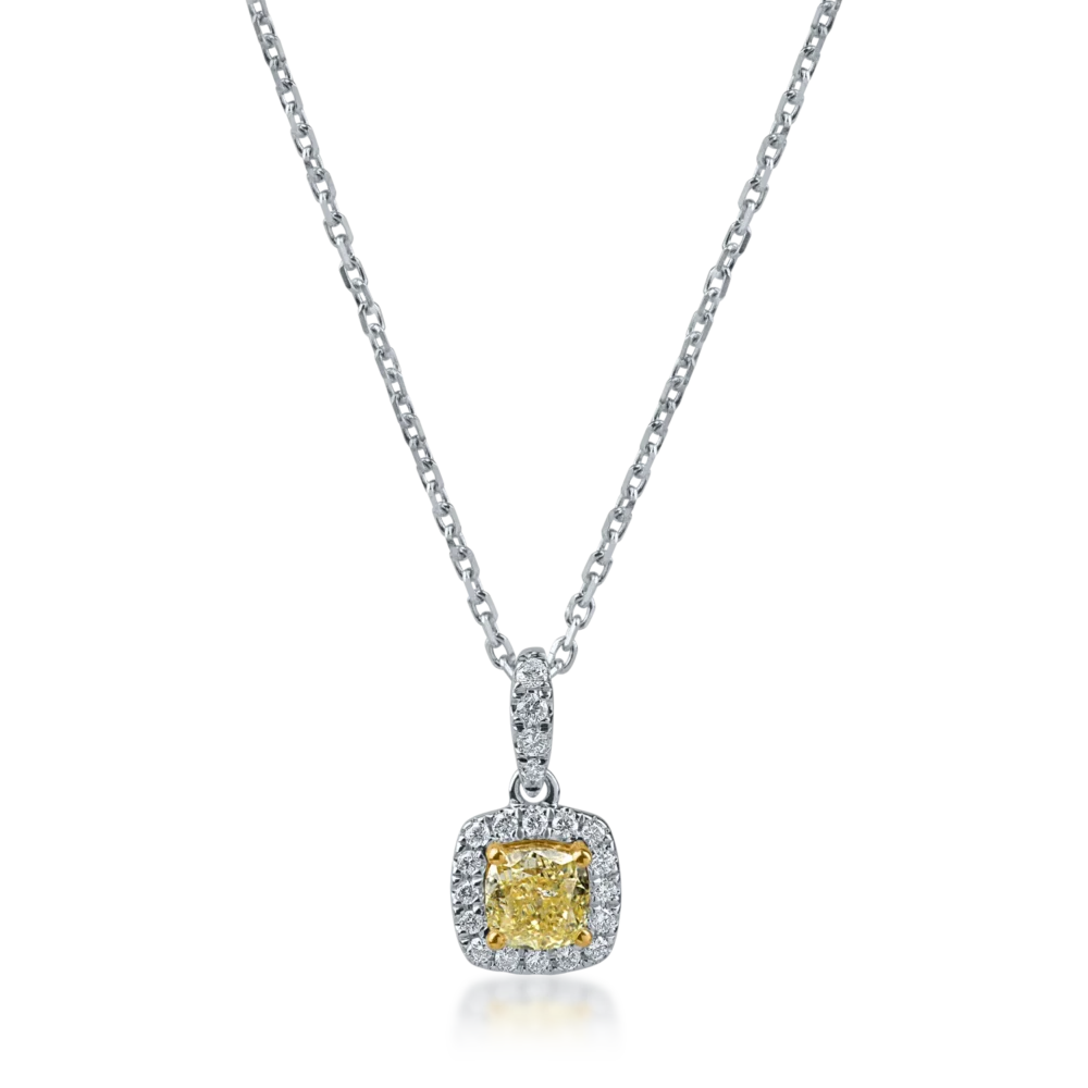Lant cu pandantiv geometric din aur alb-galben cu diamante galbene square si incolore de 0.4ct