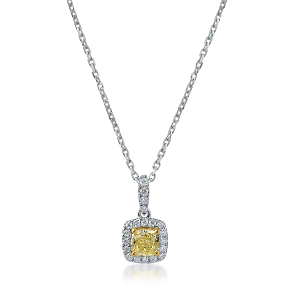 Lant cu pandantiv geometric din aur alb-galben cu diamante galbene square si incolore de 0.4ct