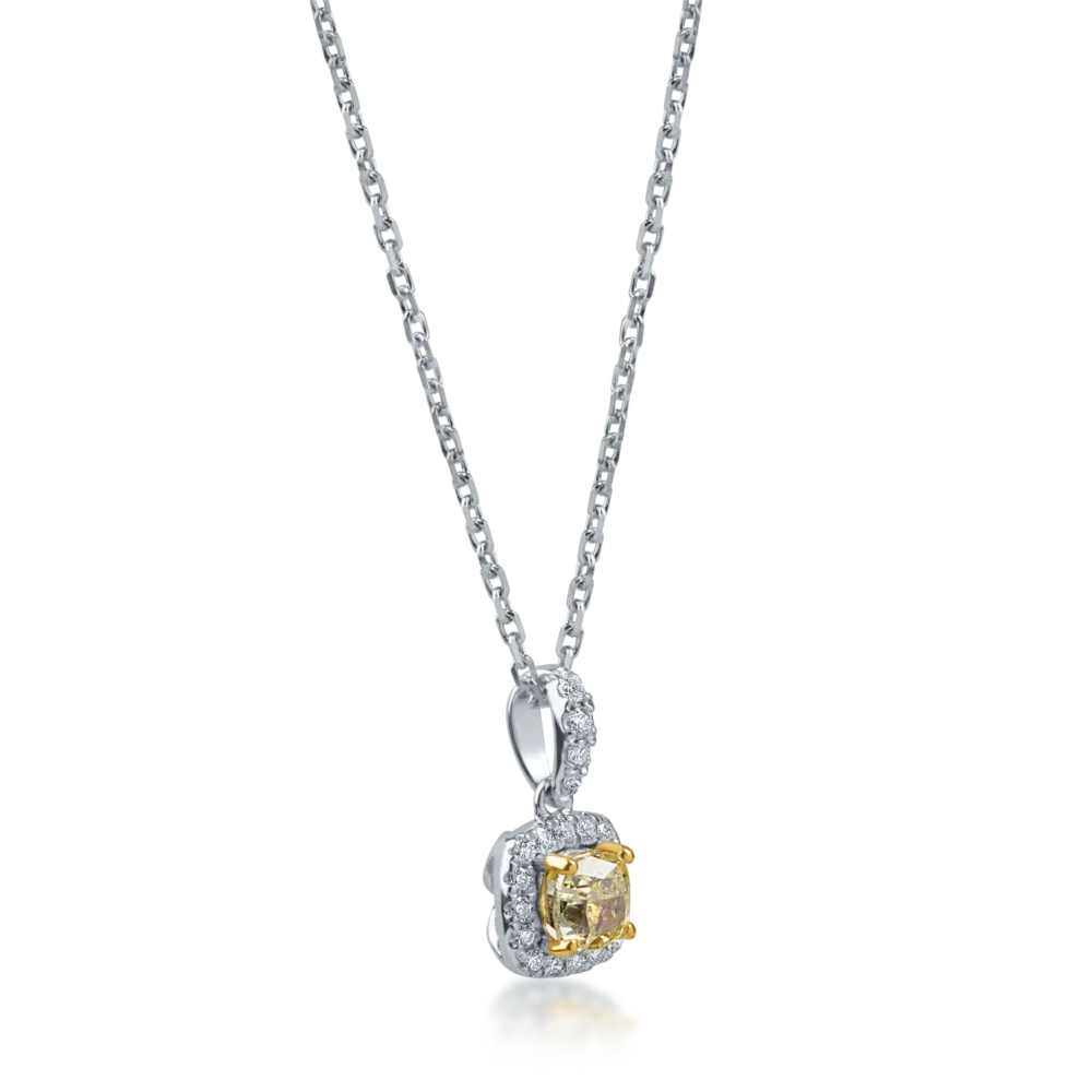 Lant cu pandantiv geometric din aur alb-galben cu diamante galbene square si incolore de 0.4ct - imagine 2