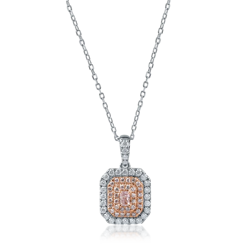 Lant cu pandantiv geometric din aur alb-roz cu diamante roz rectangulare si rotunde si diamante incolore de 0.6ct